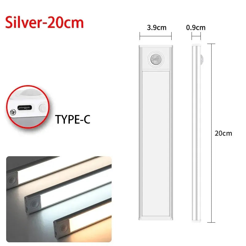 LED Motion Sensor Under‑Cabinet Light — 20 cm, 3 Color Modes (silver)
