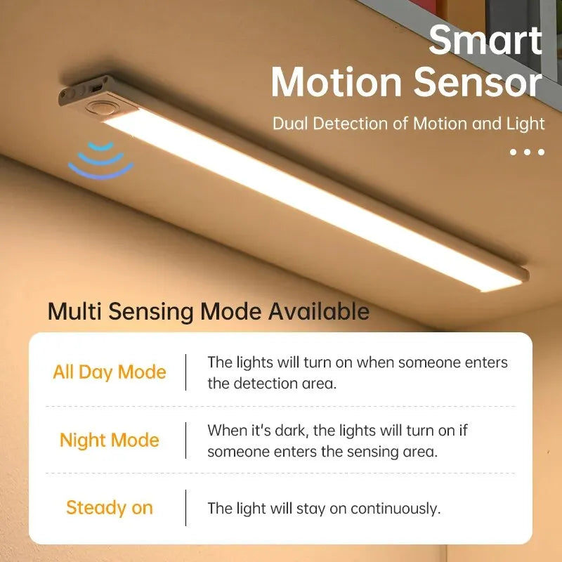 LED Motion Sensor Under‑Cabinet Light — 20 cm, 3 Color Modes (silver)